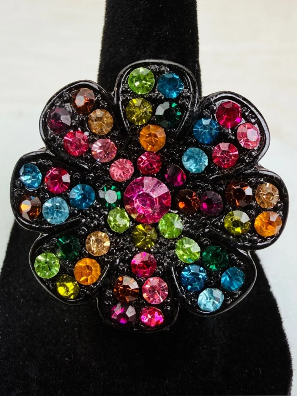 Multicolor Crystal black size 6 adjustable stretch Flower Statement Ring